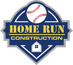 A baseball logo with the words home run construction underneath it.