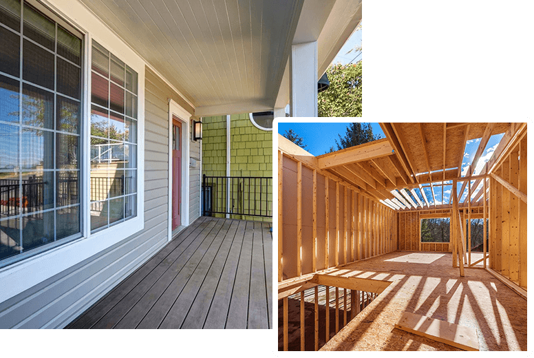 A porch and deck with green siding