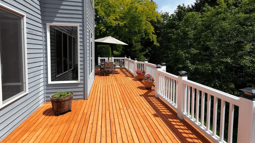 A wooden deck with benches and umbrella on the side.