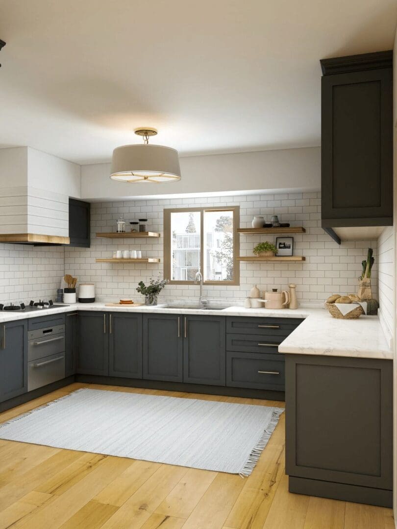 A kitchen with black cabinets and white counters.